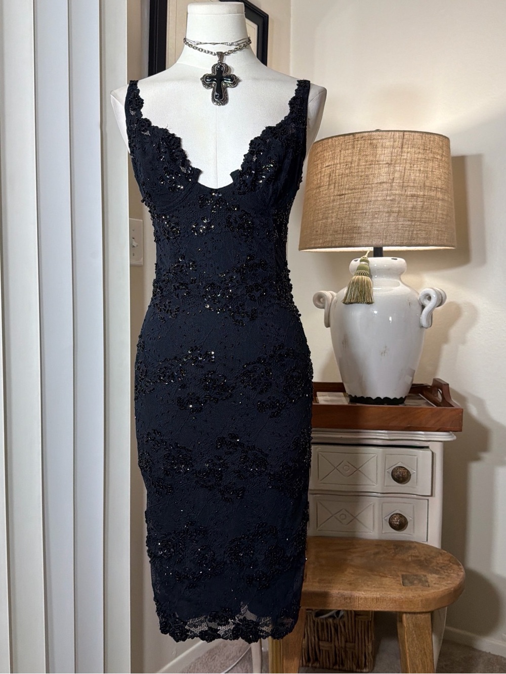 Marciano Elegant Black Beaded Lace Sheath Dress